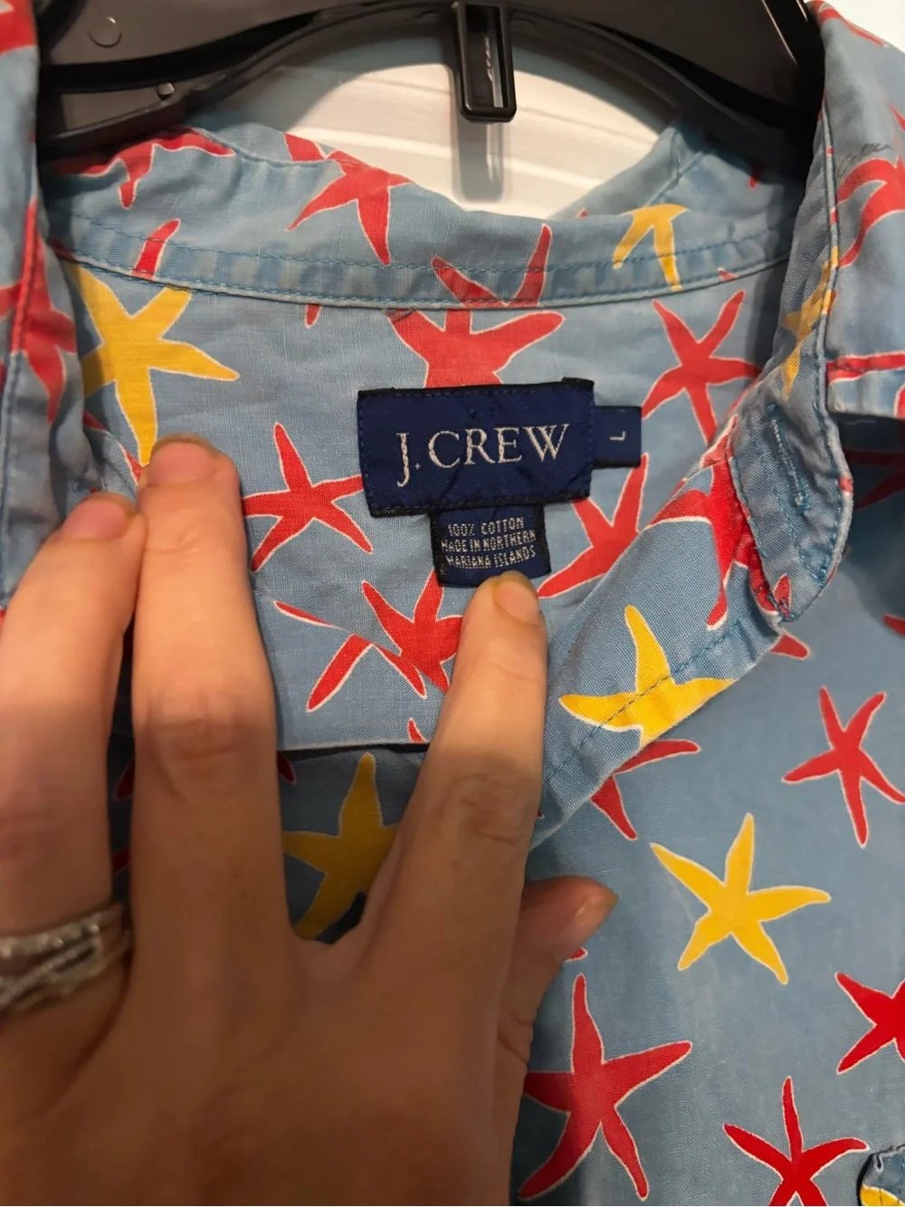 J. Crew Light Blue Short Sleeve Button-Down Shirt with Red & Yellow Star Print L